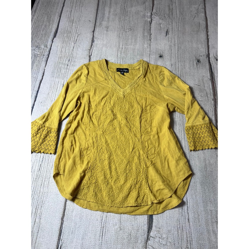 Gretty Zueger Mustard Yellow‎ Embroidered Cotton Tunic Top Crochet Sleeve Medium